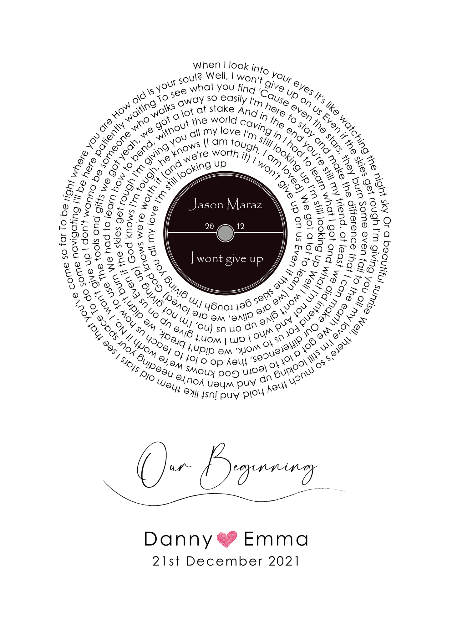 Record of Love, Favourite Song , Anniversary , Wedding , Record text, A4 Poster